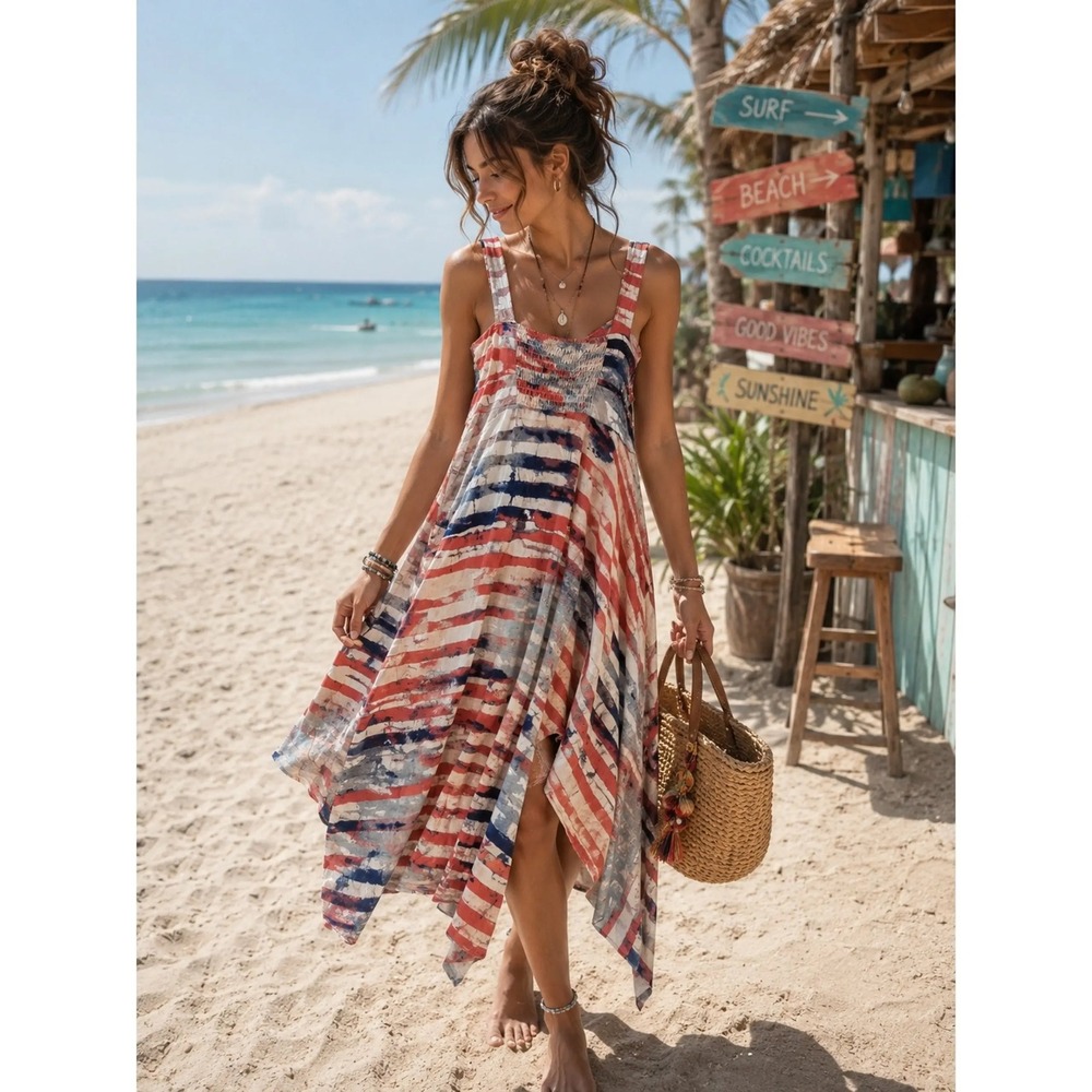 American Rag Cie Red White Blue Tie Dye Handkerchief Hem Midi Dress XXL